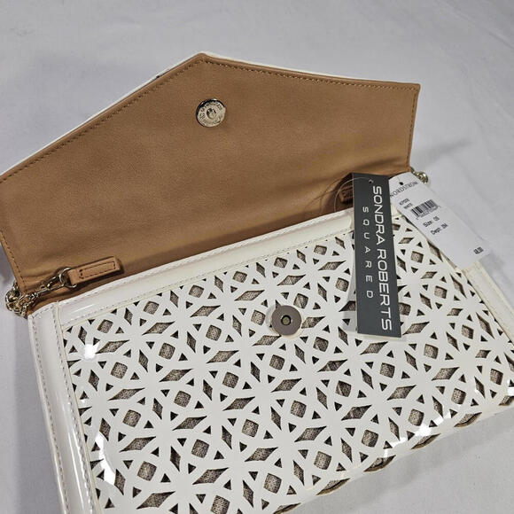 Sondra Roberts Squared Handbag Diagonal Open Cut White on Beige Chain and Snap - Picture 6 of 12